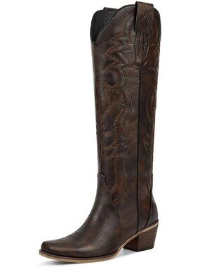 Women's Brown Rubber Knee High Cowgirl Classic Retro Embroidered Tall Heel Boots